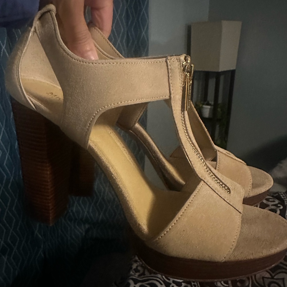 MICHAEL Michael Kors Cream Heels with Chunky Wooden Heel